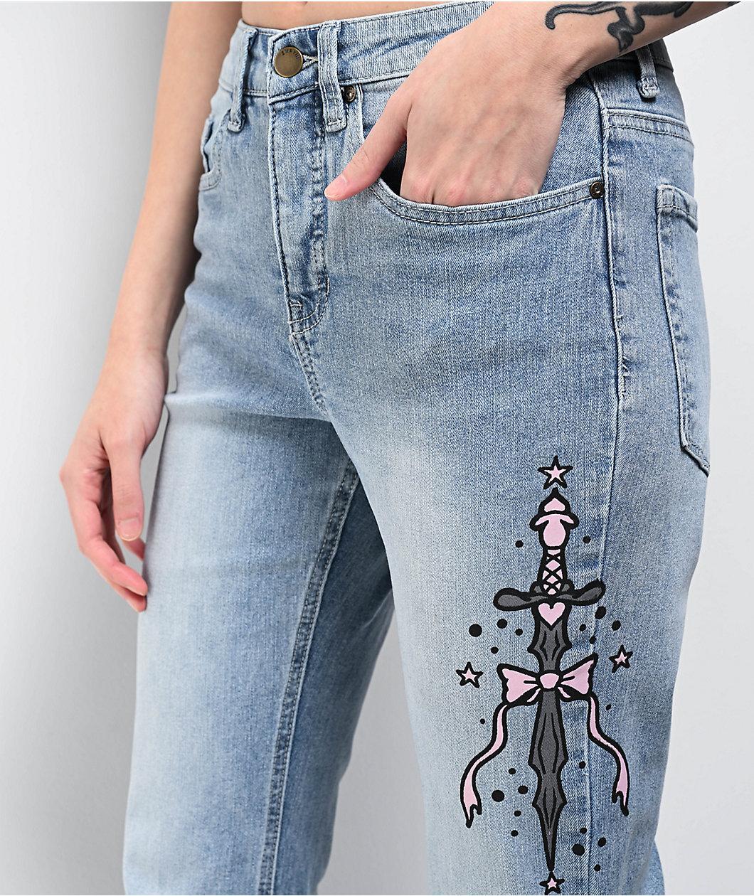 Empyre Glimmer Blossom Printed Light Blue Wash Mid Rise Flare Jeans Product Image