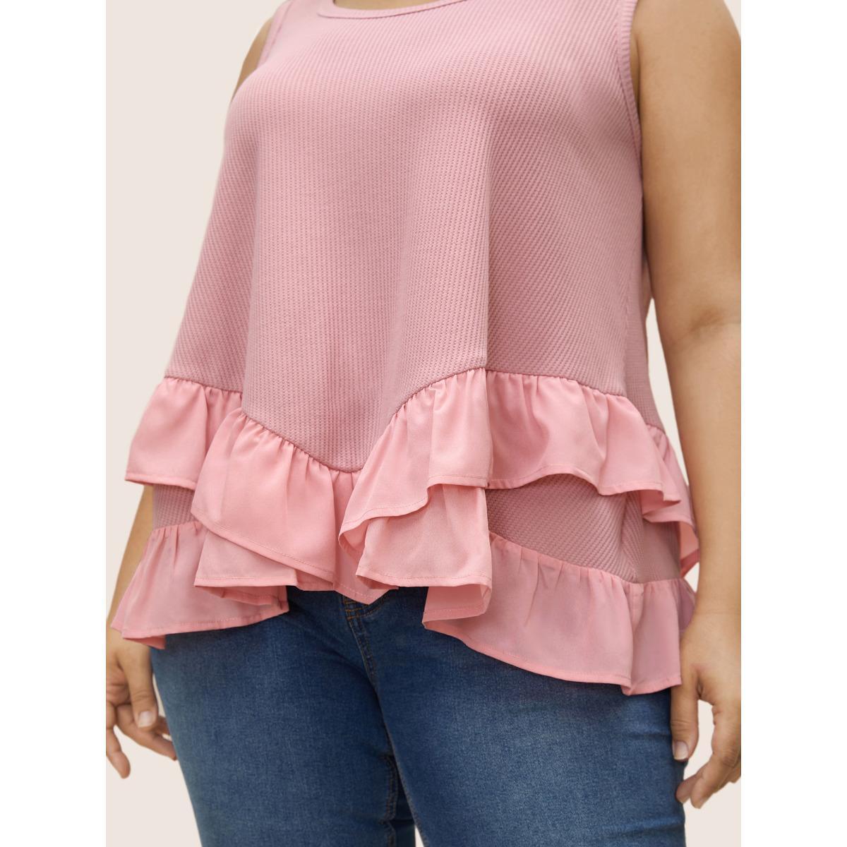 Plus Size Waffle Knit Patchwork Ruffle Hem Tank Top Women Pink Elegant Ruffles U-neck Everyday Tank Tops Camis BloomChic 14-16/1X Product Image