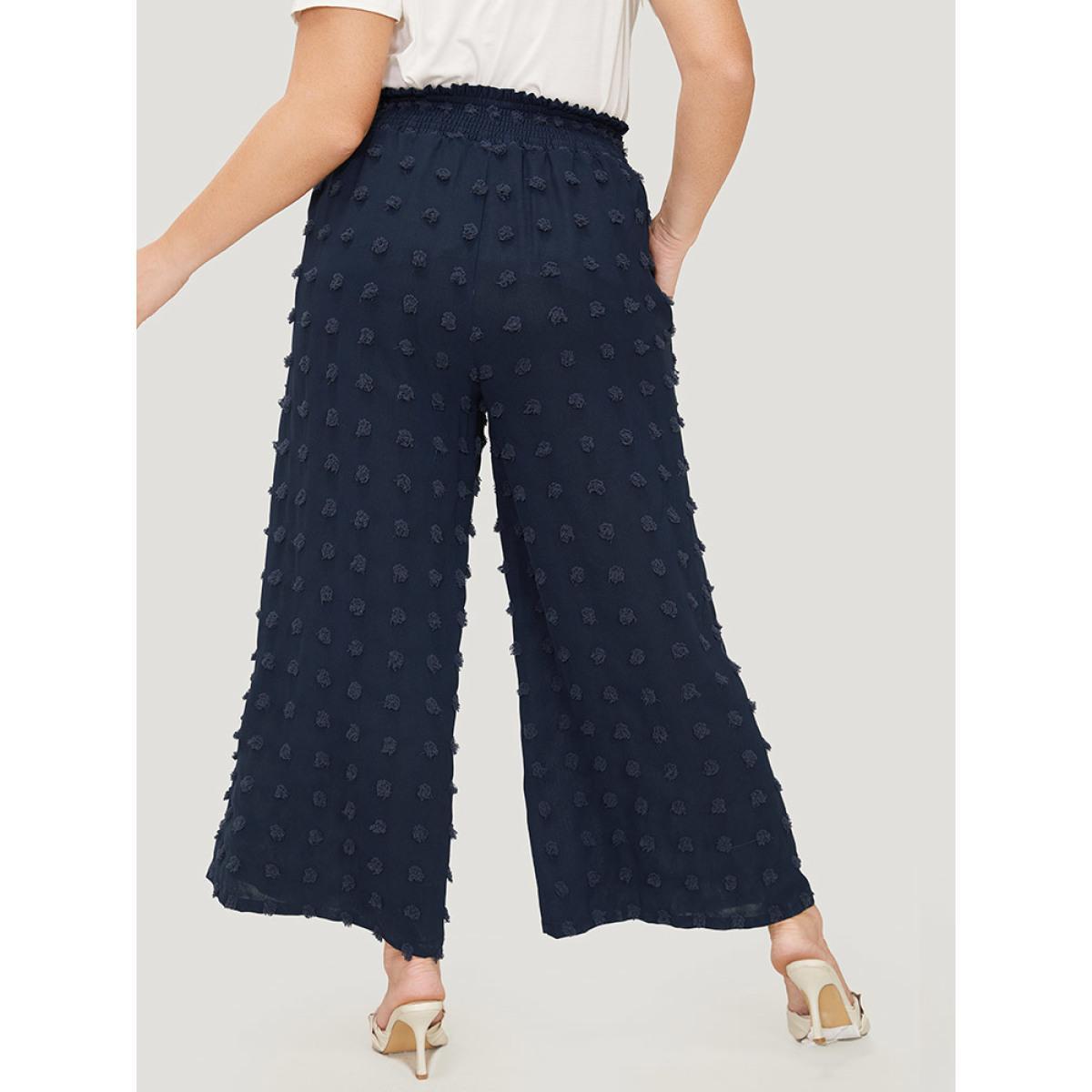 Plus Size Polka Dot Shirred Waist Pocket Wide Leg Pants Women Indigo Elegant Straight Leg High Rise Dailywear Pants BloomChic 12/L Product Image