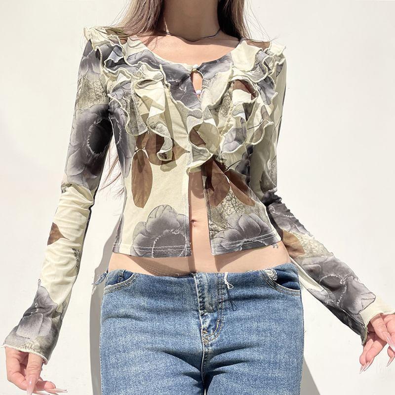Long-Sleeve Ruffle Tie Dye Crop Top Product Image