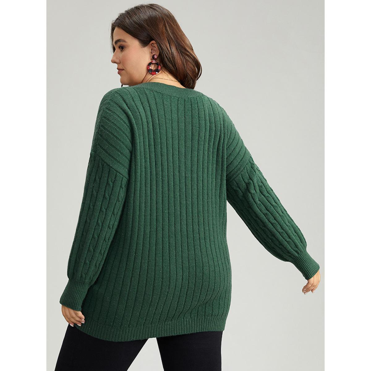 Plus Size Lurex Cable Knit Plain V Neck Pullover DarkGreen Women Casual Loose Long Sleeve V-neck Dailywear Pullovers BloomChic 18-20/2X Product Image