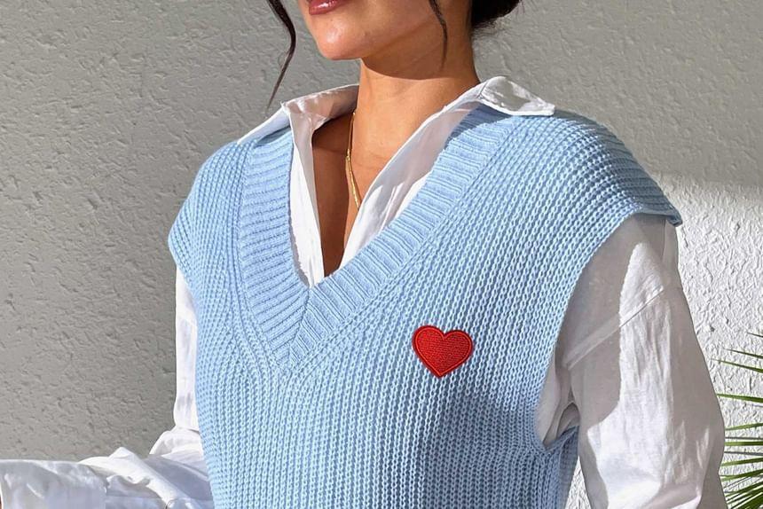 V-Neck Heart Embroidered Sweater Vest Product Image