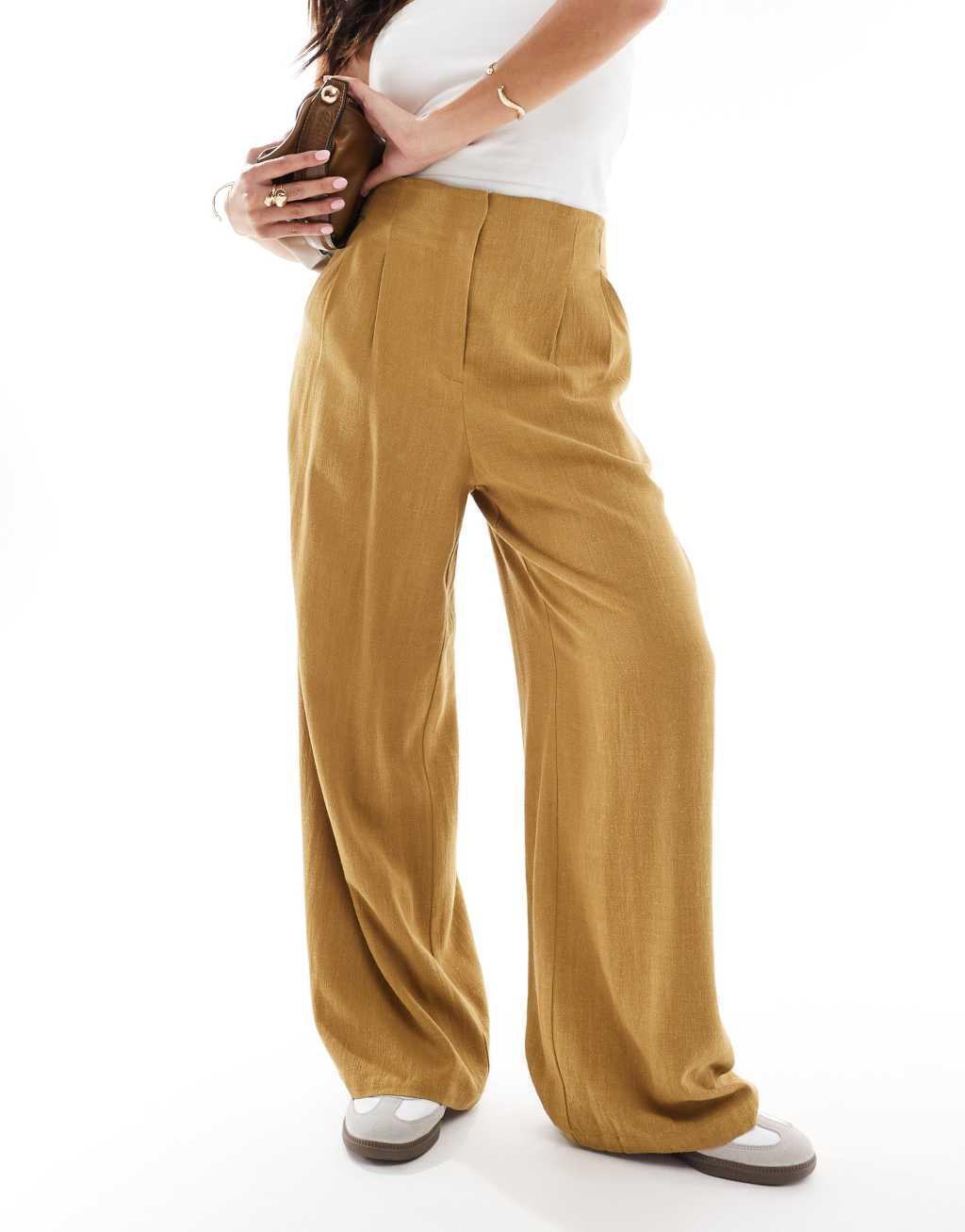 ASOS DESIGN Petite tailored high waist seam detail wide leg linen pants in olive Product Image