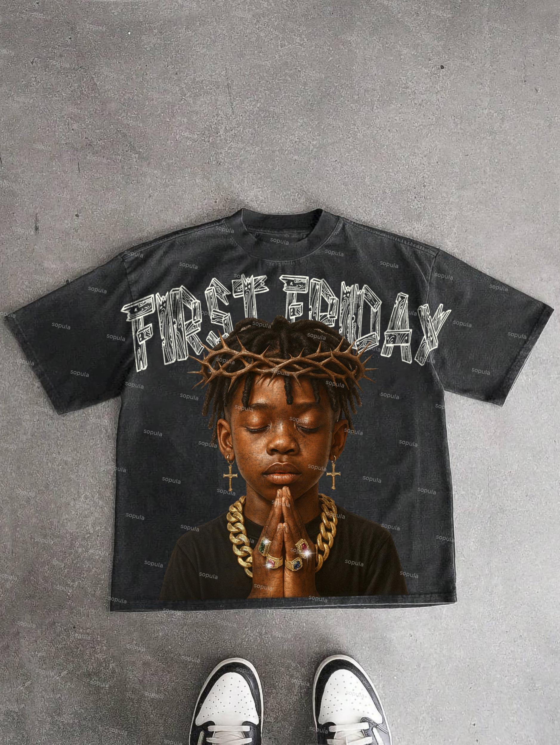 First Friday Devotion Retro Graphic Acid Wash T-shirt Product Image