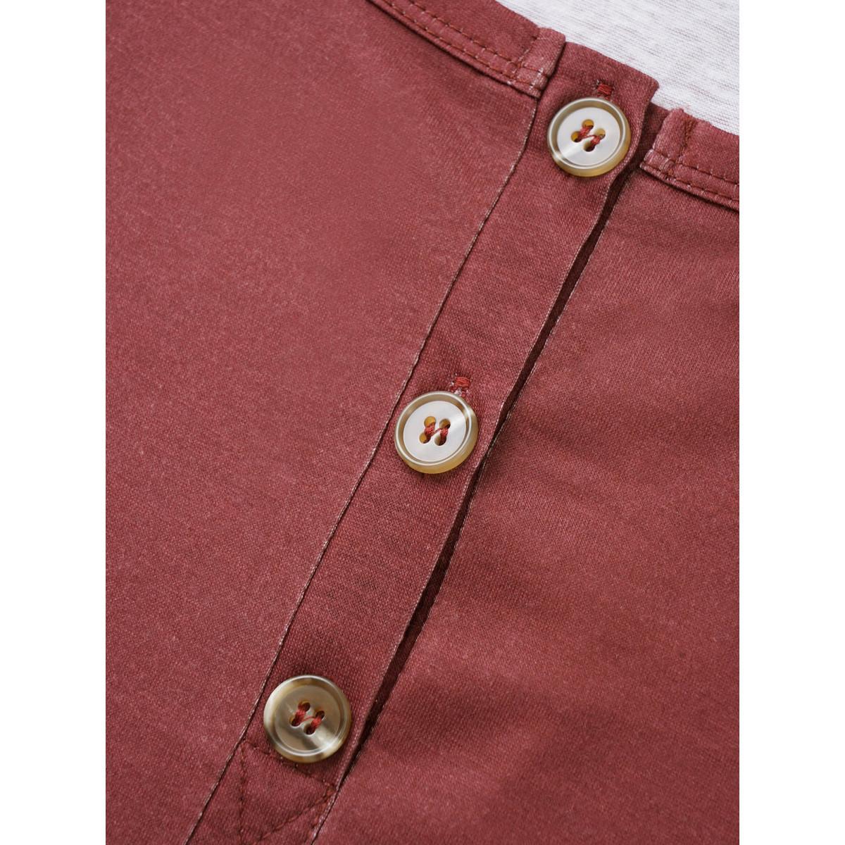 Plus Size Striped Print Raglan Sleeve Button Up T-shirt Burgundy Women Casual Contrast Striped Round Neck Everyday T-shirts BloomChic 30/6X Product Image