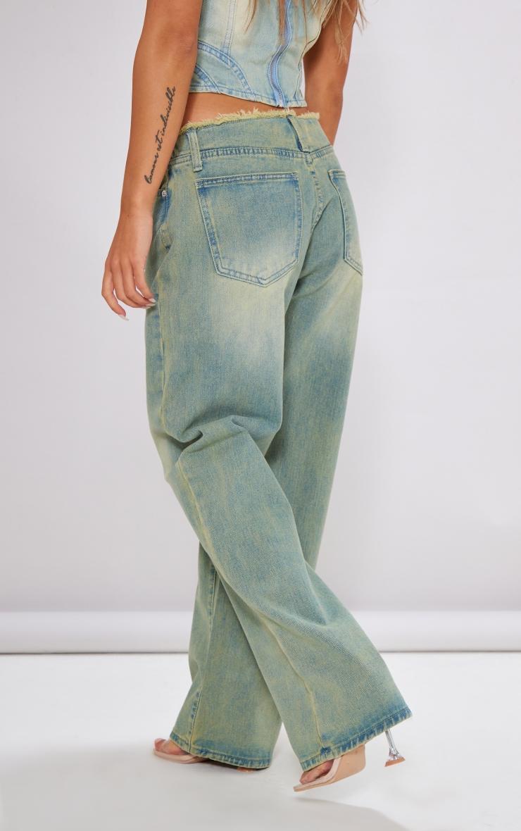 Petite Vintage Wash Fray Waist Low Rise Straight Leg Jeans Product Image