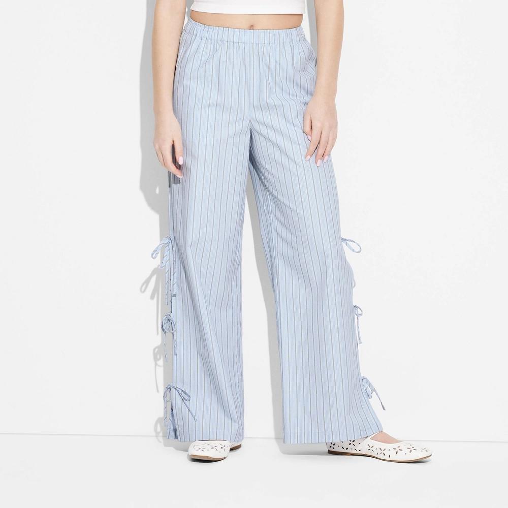 Women's High-Rise Side-Tie Relaxed Boxer Pants - Wild Fable™ Blue Striped M: Cotton Poplin, Elastic Waistband Product Image