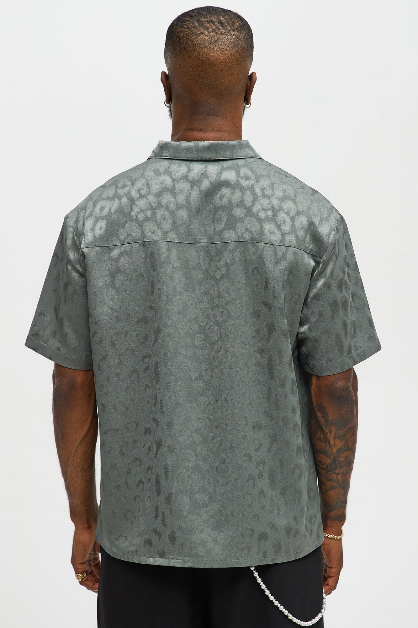 Satin Leopard Button Up Shirt - Grey Male Product Image
