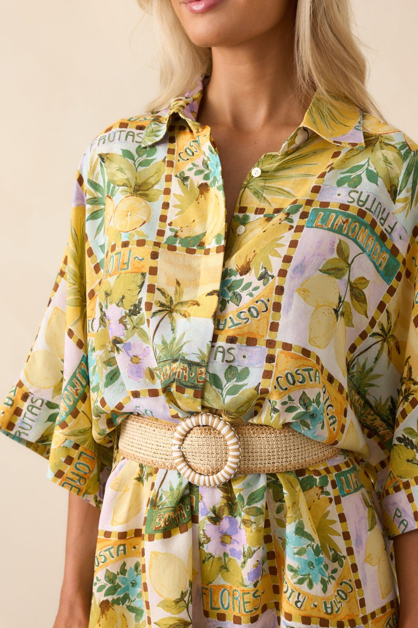 Views From The Veranda Yellow Tropical Print Linen Blend Romper Product Image