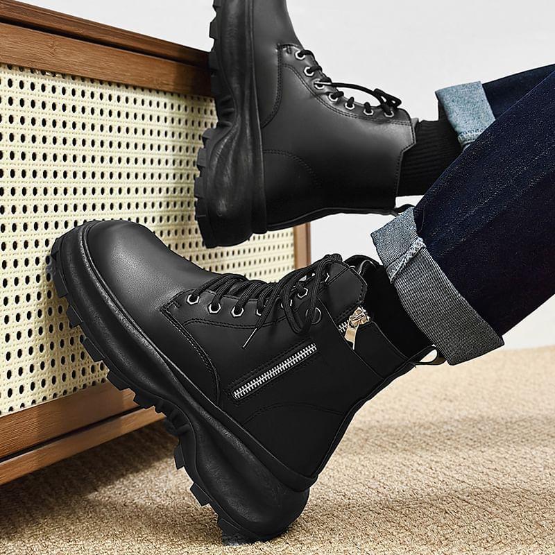 Faux Leather Platform Lace-Up Short Boots Product Image