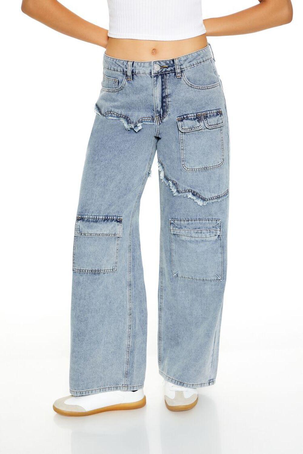 Frayed Wide-Leg Cargo Jeans | Forever 21 Product Image