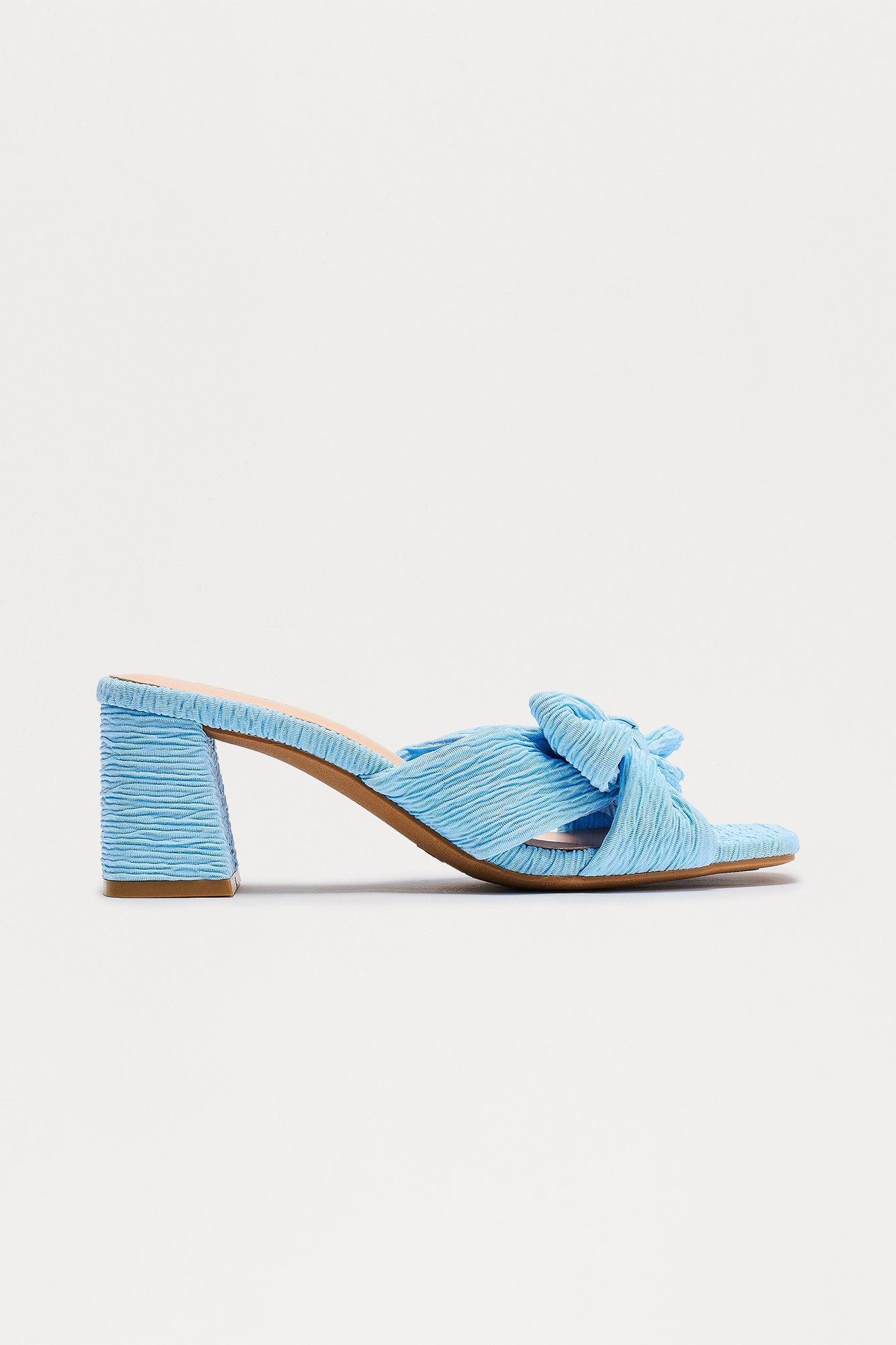 Baize Bow Block Heel Mules - Blue Product Image