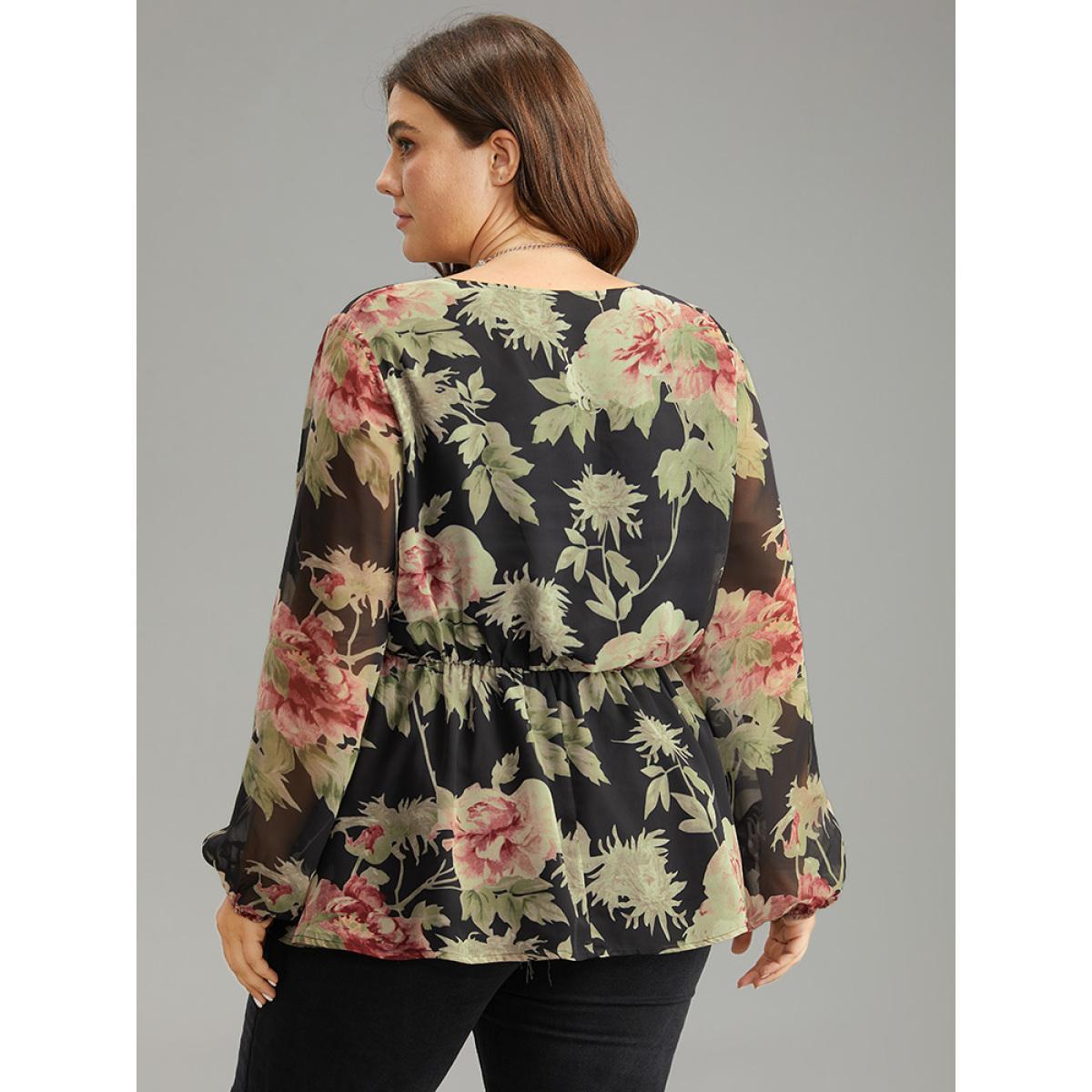 Plus Size Black Floral Flutter Hem Elastic Waist Blouse Women Elegant Long Sleeve V-neck Everyday Blouses BloomChic 22-24/3X Product Image