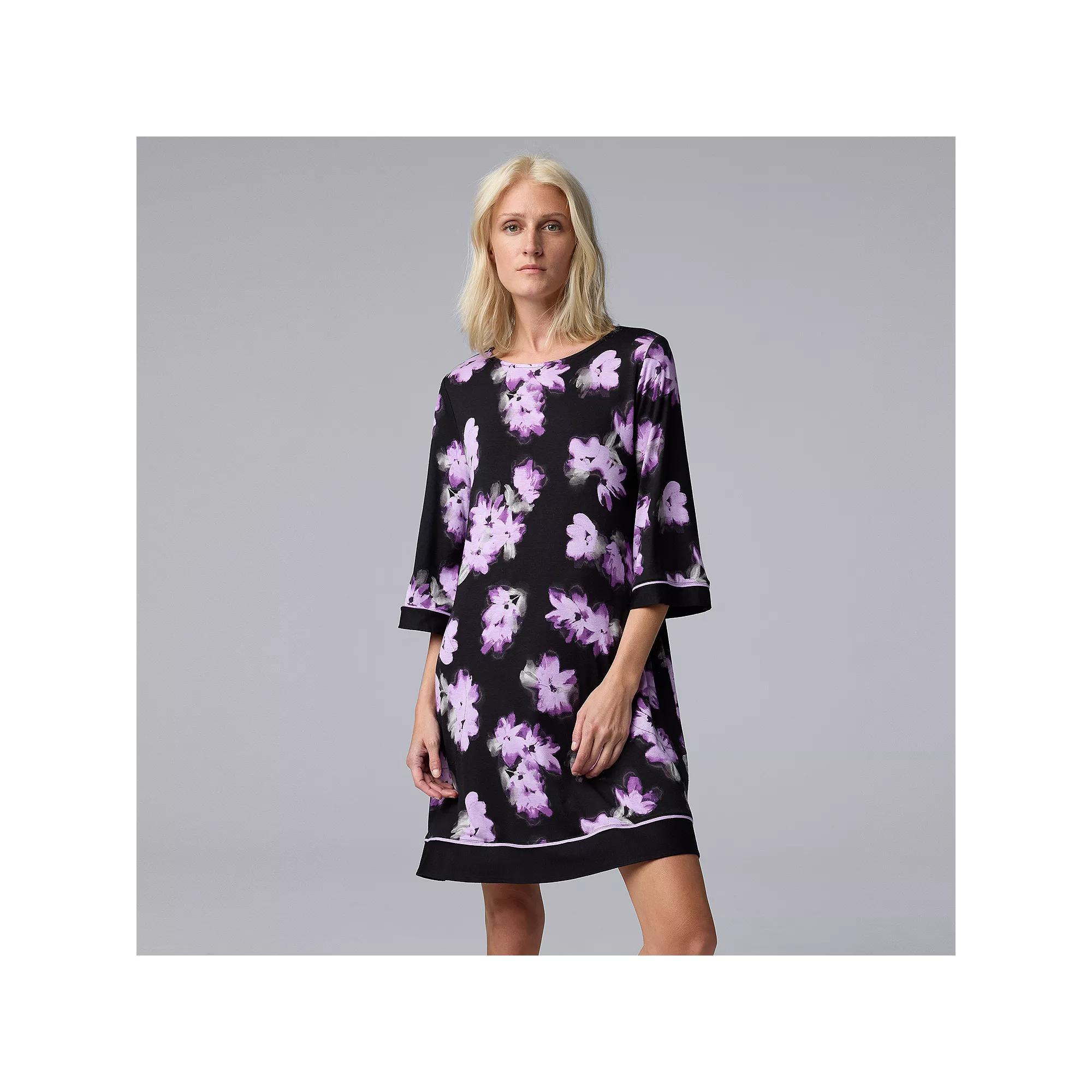 Women's Simply Vera Vera Wang 3/4 Sleeve Crewneck Sleepshirt, Size: Large, Black Floral Product Image