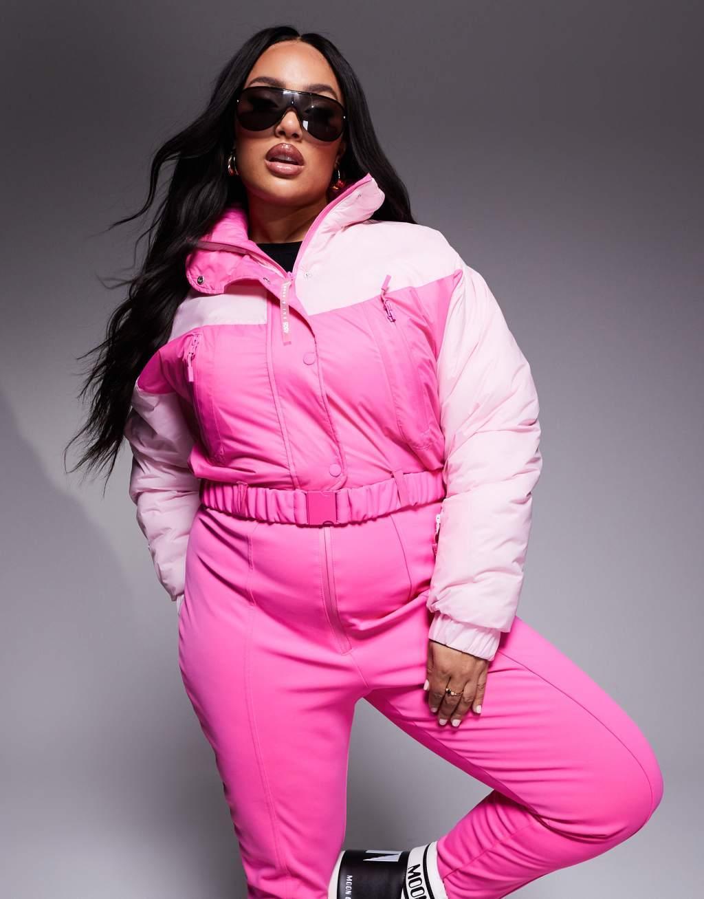 4505 Curve Ski water repellent insulated color block retro ski suit in pink  Product Image