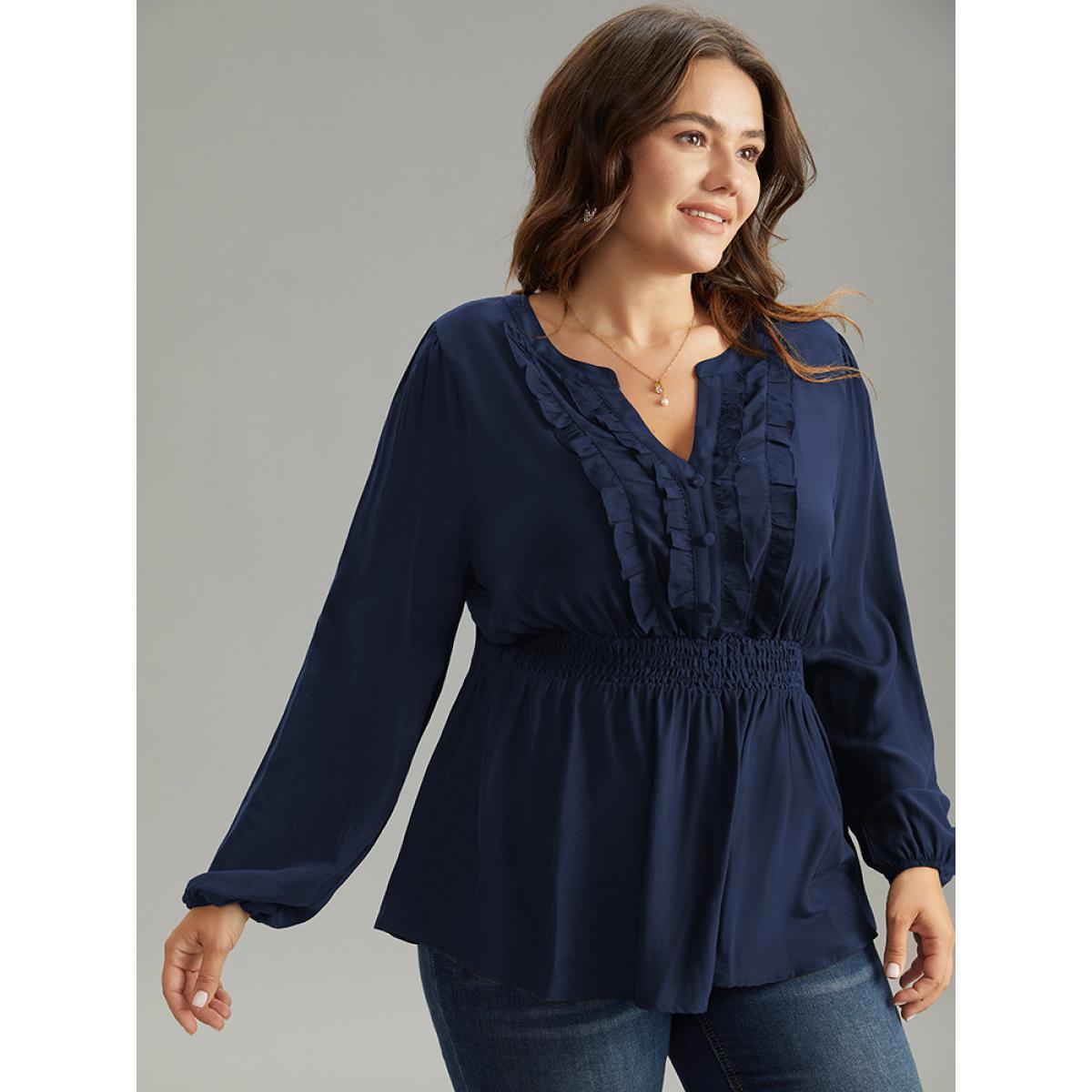 Plus Size Indigo Solid Frill Trim Shirred Flutter Hem Blouse Women Elegant Long Sleeve Notched collar Dailywear Blouses BloomChic 12/L Product Image