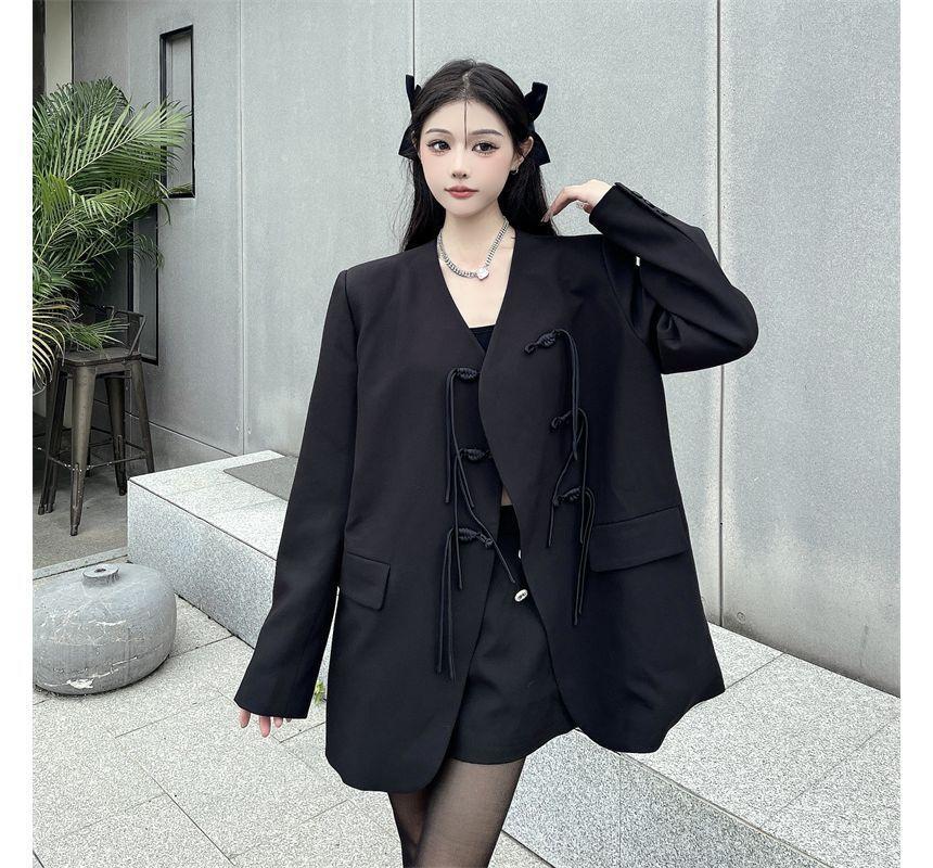 Collarless Plain Frog Button Blazer Product Image