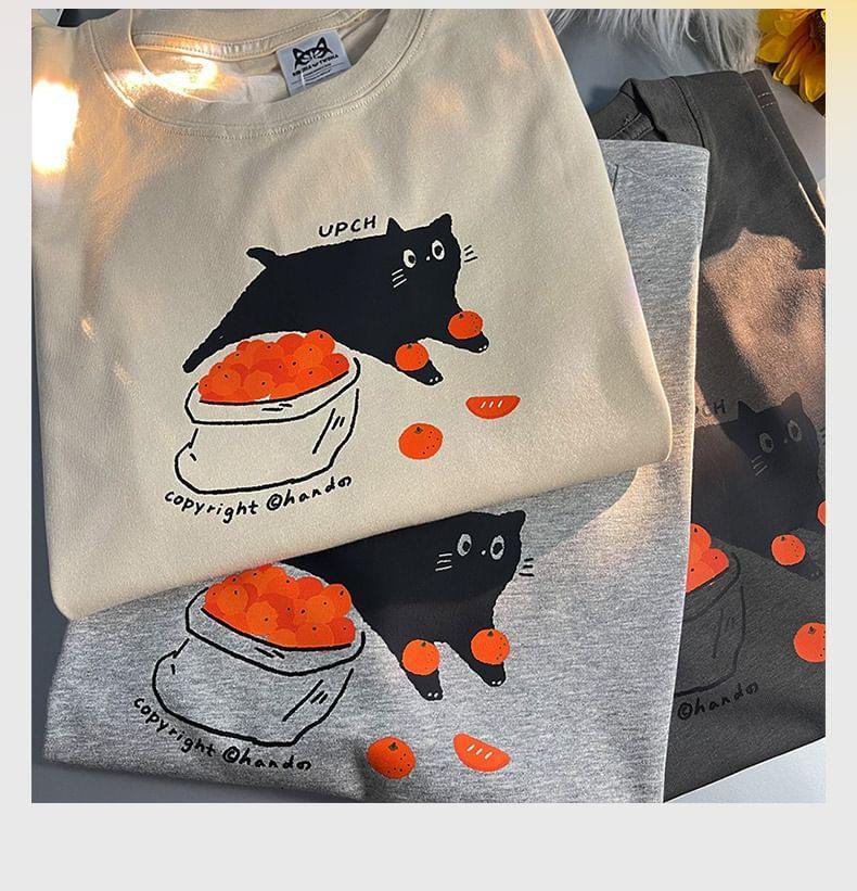 Short-Sleeve Cat Print T-Shirt Product Image