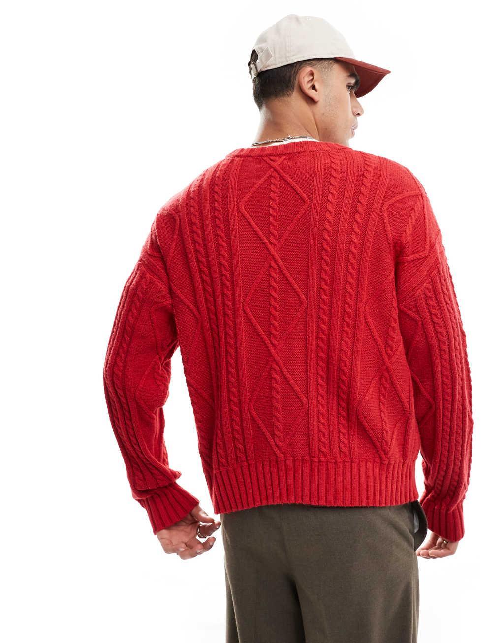Cotton On cable knit crew neck sweater in red Product Image