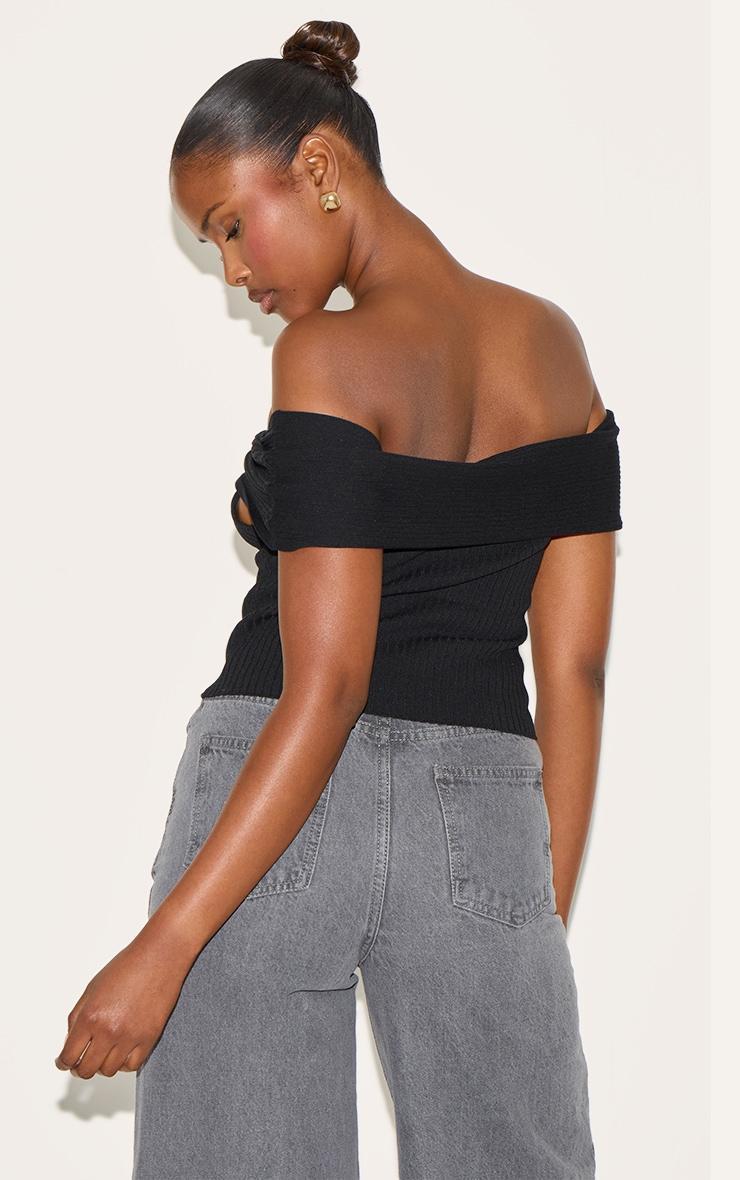 Black Rib Knit Twist Bardot Button Through Top Product Image