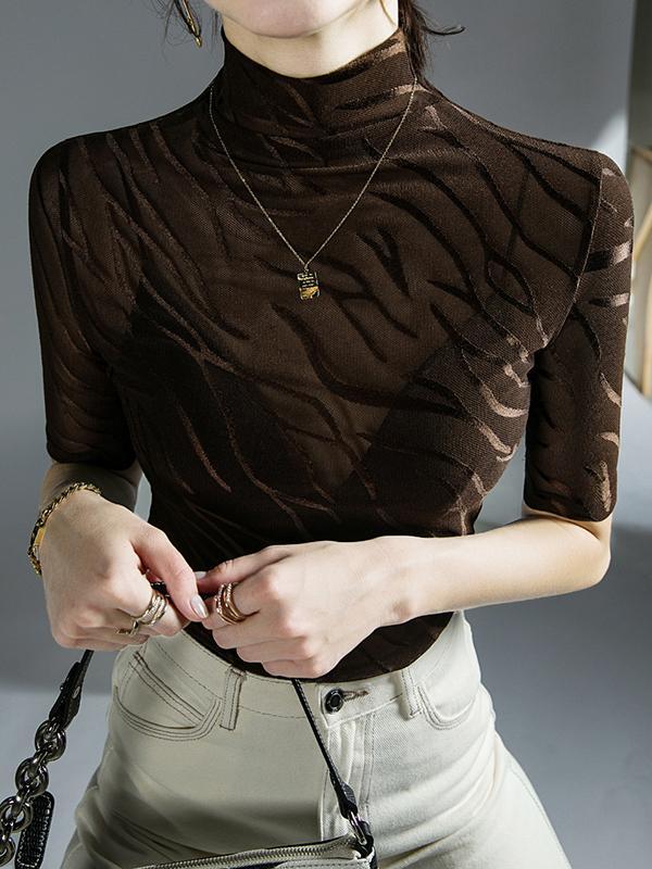 Half Sleeves Plus Size See-Through High Neck T-Shirts Tops Product Image