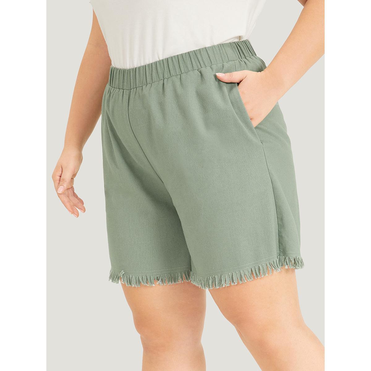 Plus Size Solid Pocket Raw Edges Elastic Waist Shorts Women Mint Casual Plain Dailywear Shorts BloomChic 30/6X Product Image