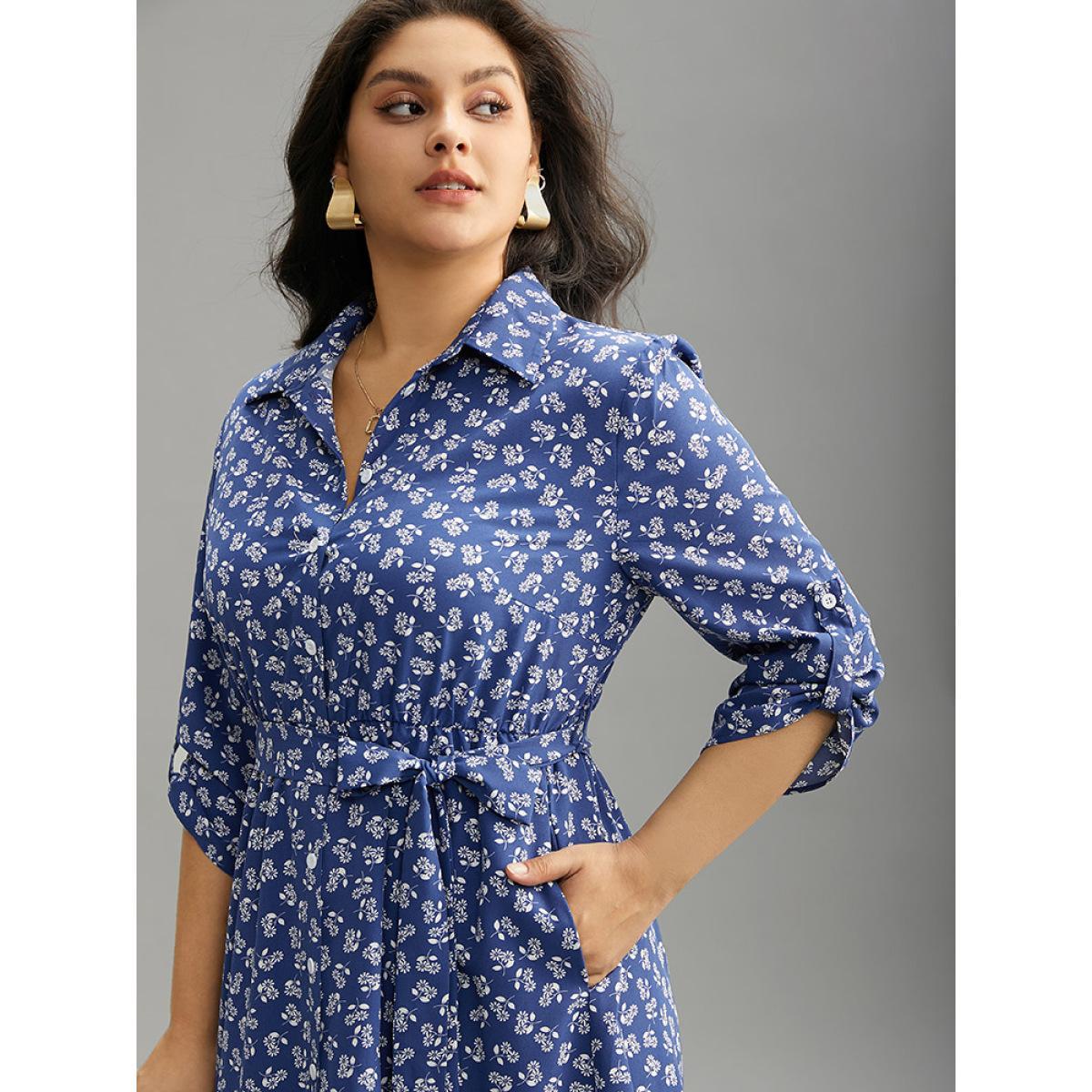 Plus Size Ditsy Floral Belted Button Through Tab Sleeve Dress Aegean Women Office Belted Shirt collar Elbow-length sleeve Curvy Midi Dress BloomChic 18-20/2X Product Image