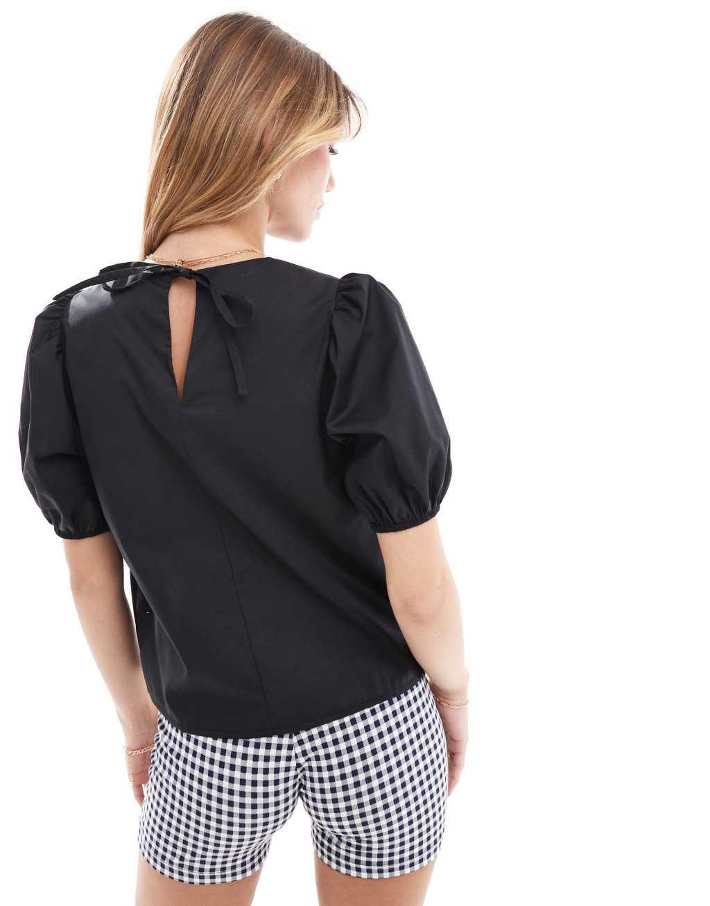 ASOS DESIGN puff sleeve cotton top in black Product Image