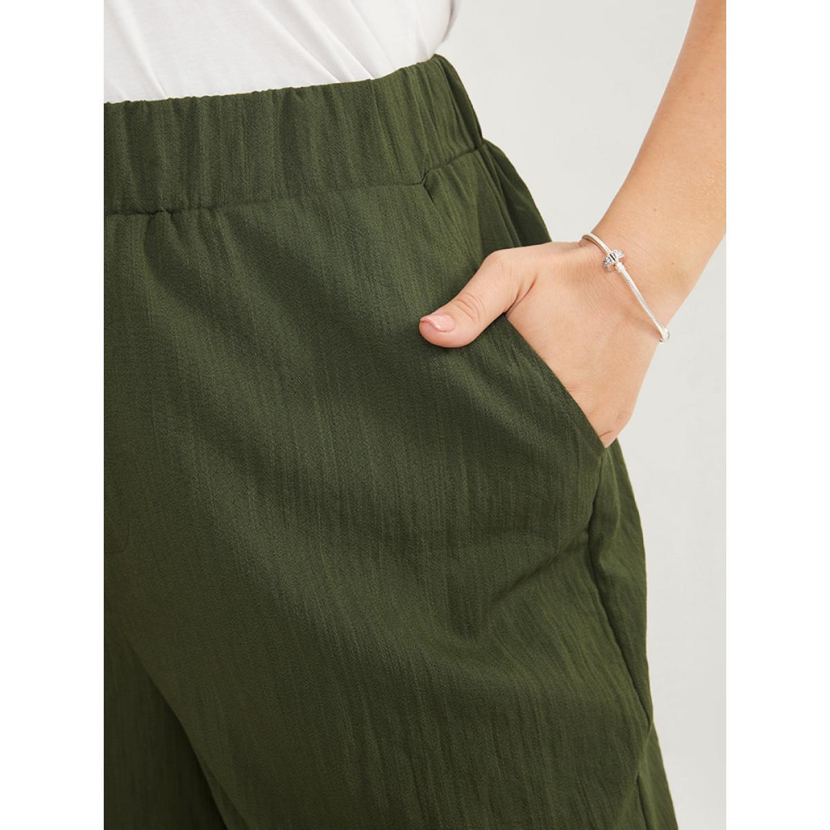 Plus Size Solid Elastic Waist Button Detail Pocket Loose Pants Women ArmyGreen Casual Loose High Rise Work Pants BloomChic 14-16/1X Product Image