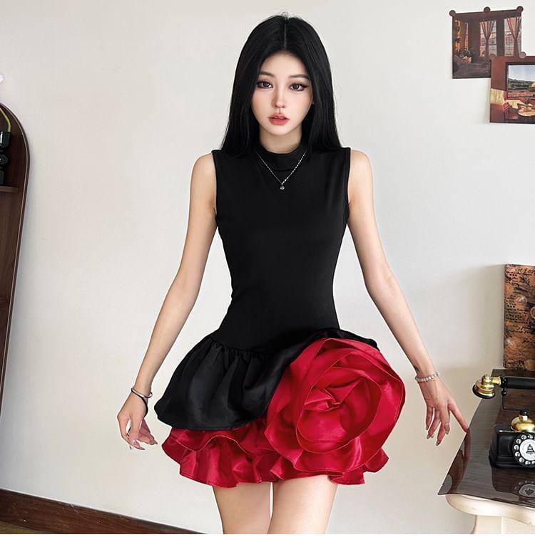 Sleeveless Crewneck Two Tone Mini A-Line Dress Product Image