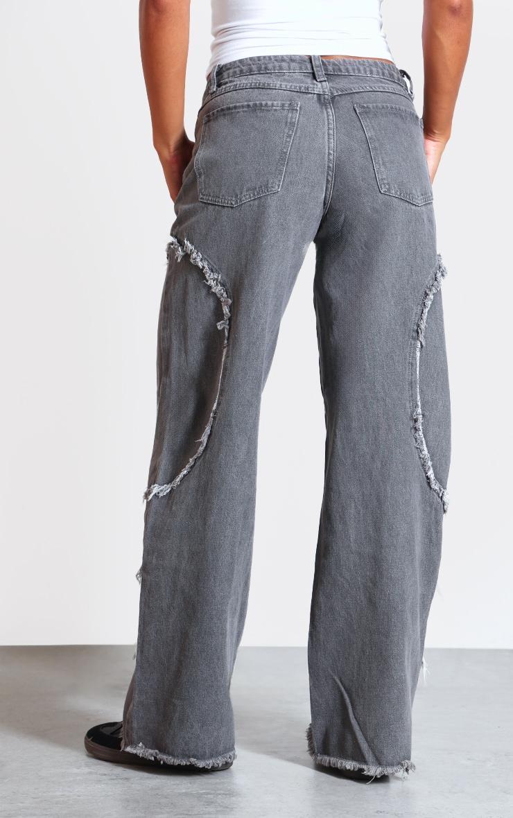 Dark Grey Washed Asymmetric Frayed Detail Mid Rise Straight Leg Jeans Product Image