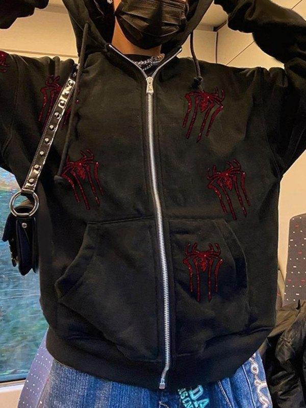 Rhinestone Spider Zip Up Hoodie Product Image