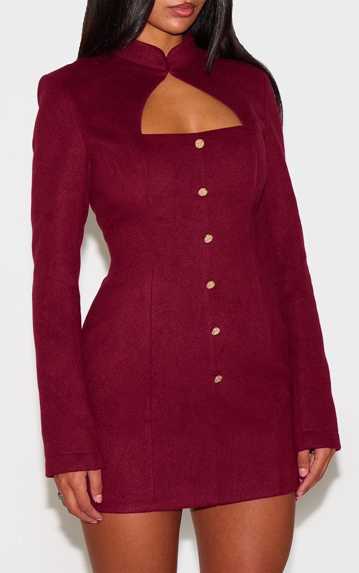 Burgundy Brushed Woven Long Sleeve Button Detail Mini Dress Product Image