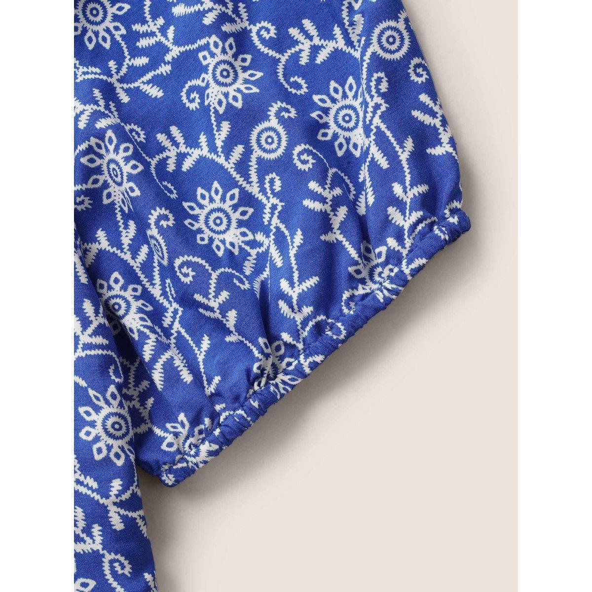Plus Size Brightblue Bandana Print Notched Collar Lantern Sleeve Blouse Women Resort Short sleeve Notched collar Vacation Blouses BloomChic 14-16/1X Product Image