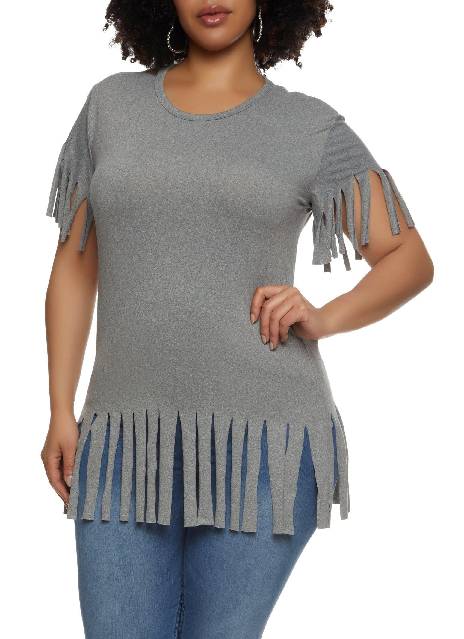 Womens Plus Size Short Sleeve Fringe Hem T Shirt Product Image