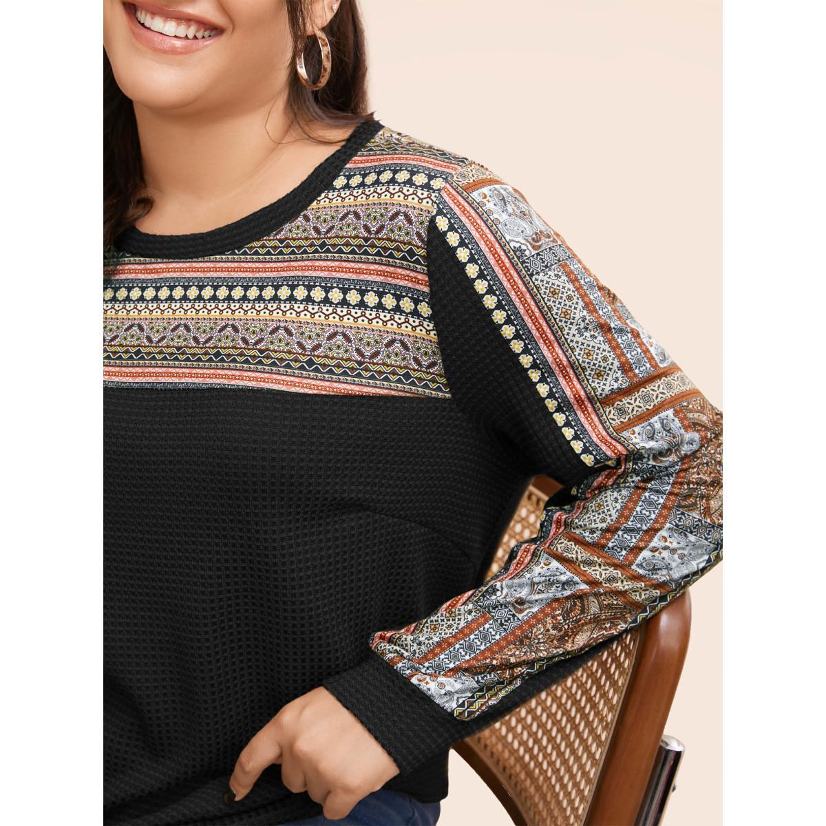 Plus Size Boho Print Patchwork Waffle Knit Crew Neck Sweatshirt Women Black Casual Elastic cuffs Round Neck Dailywear Sweatshirts BloomChic 10/M Product Image