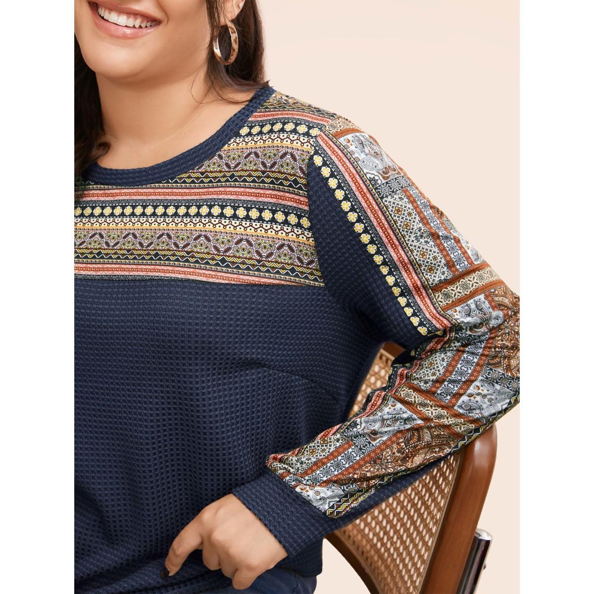Plus Size Boho Print Patchwork Waffle Knit Crew Neck Sweatshirt Women Indigo Casual Elastic cuffs Round Neck Dailywear Sweatshirts BloomChic 26/4X Product Image