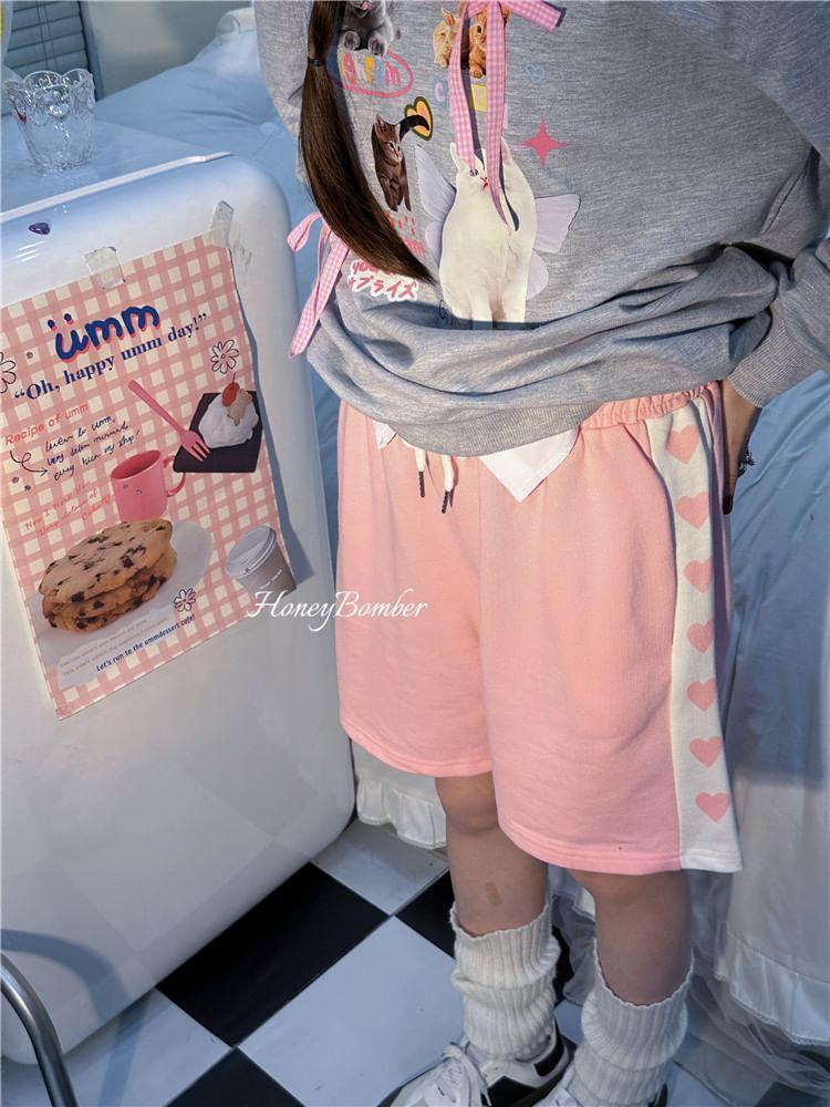 Drawstring Waist Heart Print Shorts Product Image
