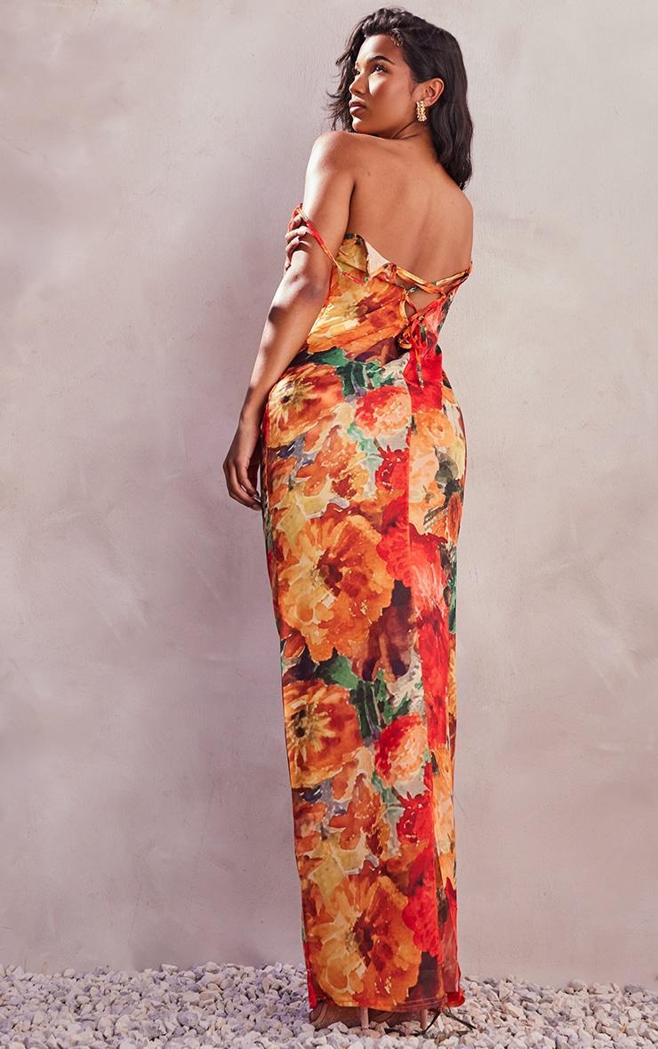 Orange Floral Print Sheer Chiffon Lace Up Back Maxi Dress Product Image