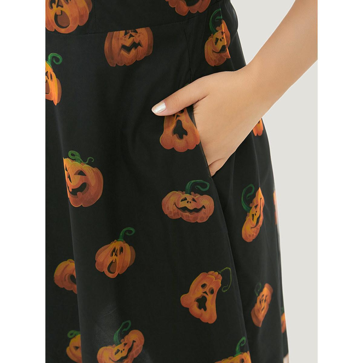 Plus Size Halloween Pumpkin Print Mesh Patchwork Tank Dress BlackFlower Women Elegant See through Round Neck Sleeveless Curvy Midi Dress BloomChic 30/6X Product Image