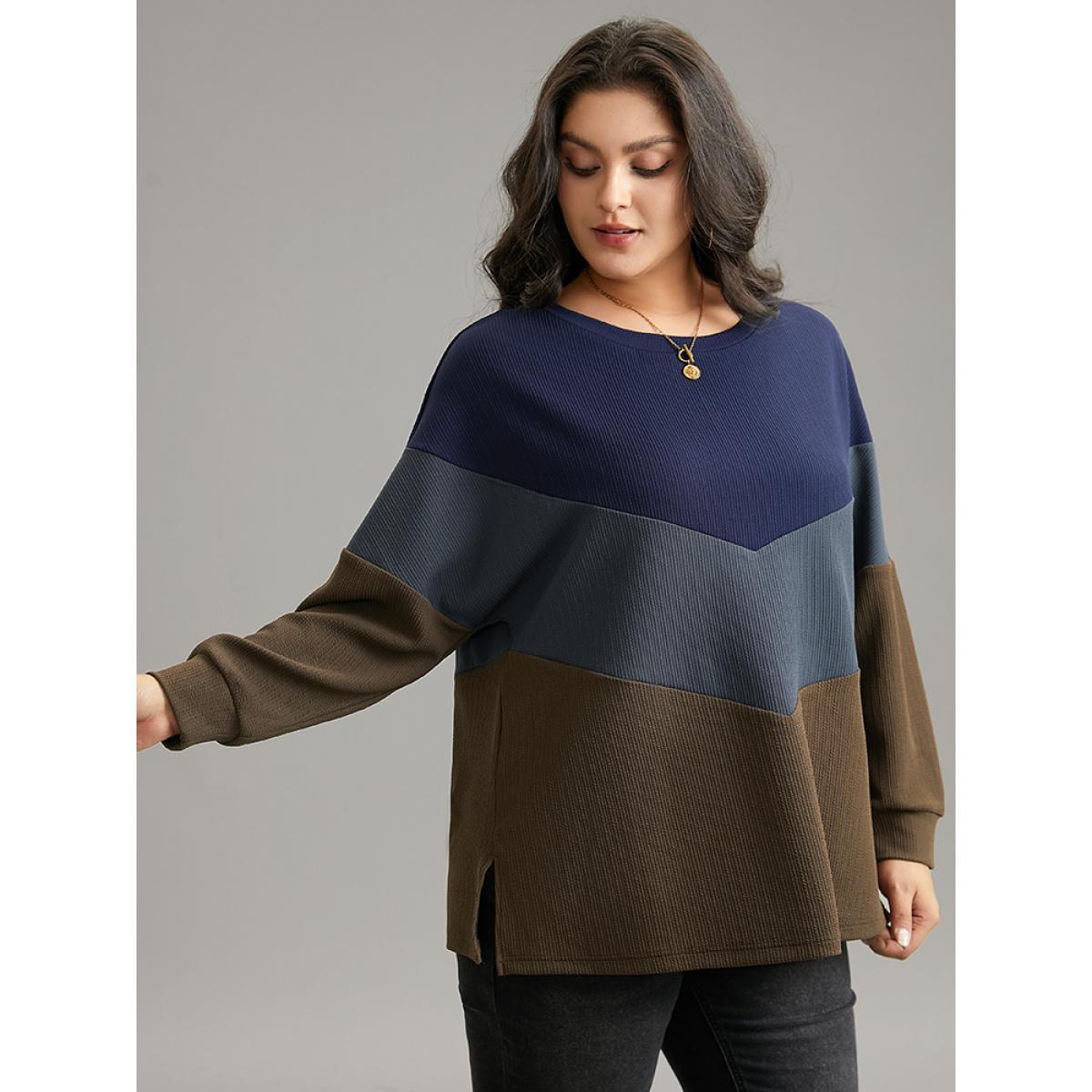 Plus Size Colorblock Rib Knit Drop Shoulder Sweatshirt Women Multicolor Casual Contrast Round Neck Dailywear Sweatshirts BloomChic 30/6X Product Image