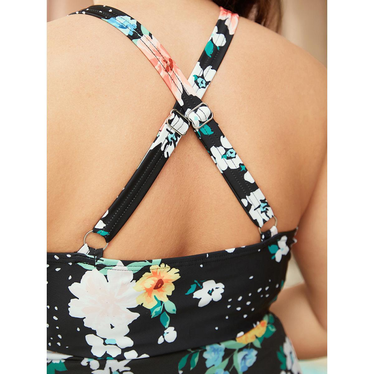 Plus Size Floral Wrap Knot Front Mesh Ruffle Hem Swim Dress Women's Swimwear BlackFlower Vacation Bodycon V-neck High stretch Curve Swim Dresses BloomChic 14-16/1X Product Image