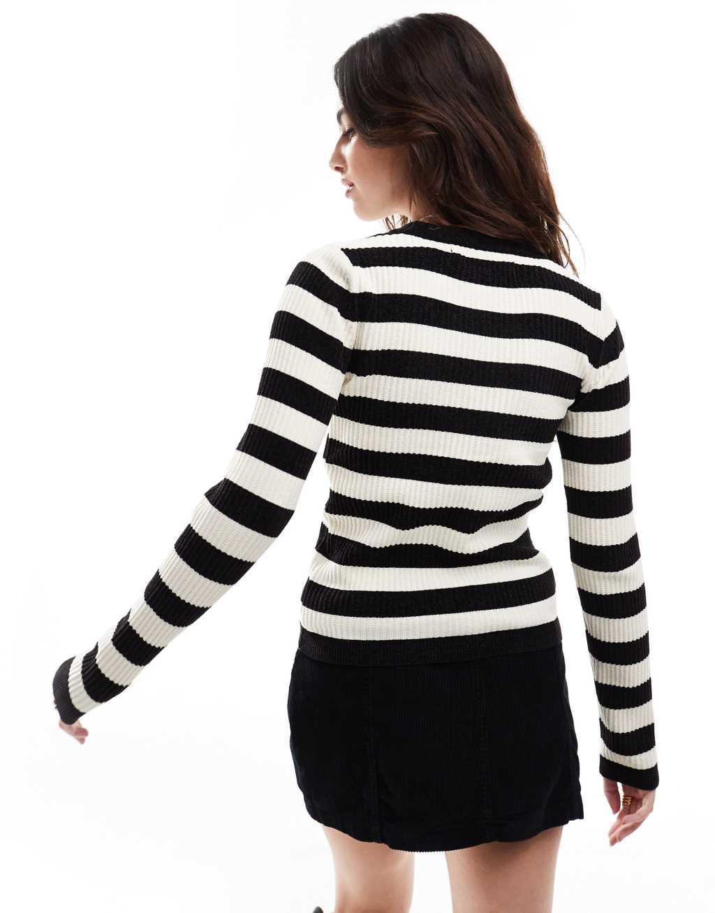 Vero Moda skinny ribbed knit sweater in mono stripe Product Image