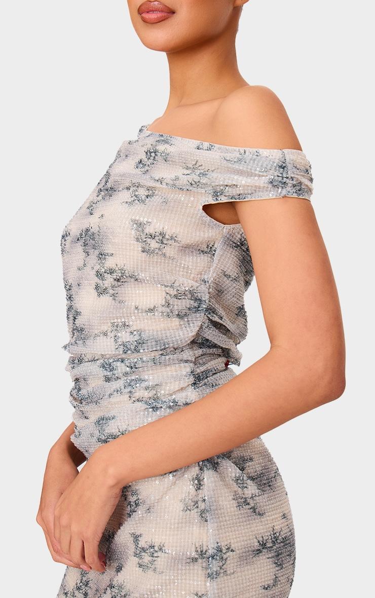 Beige Printed Textured Sequin Off Shoulder Bodycon Dress Product Image