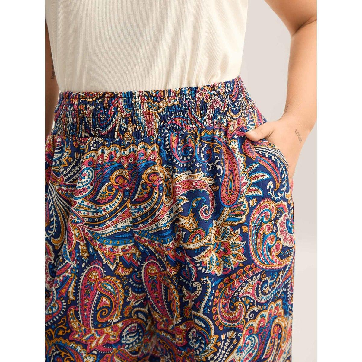 Plus Size Paisley Print Shirred Waist Jogger Pants Women Indigo Beach Bodycon Mid Rise Vacation Pants BloomChic 26/4X Product Image
