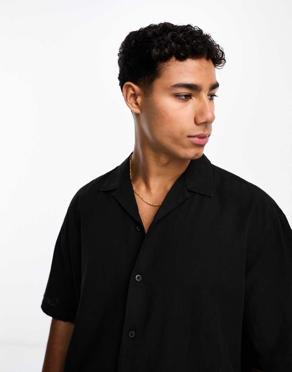Selected Homme short sleeve camp collar linen shirt in black Product Image