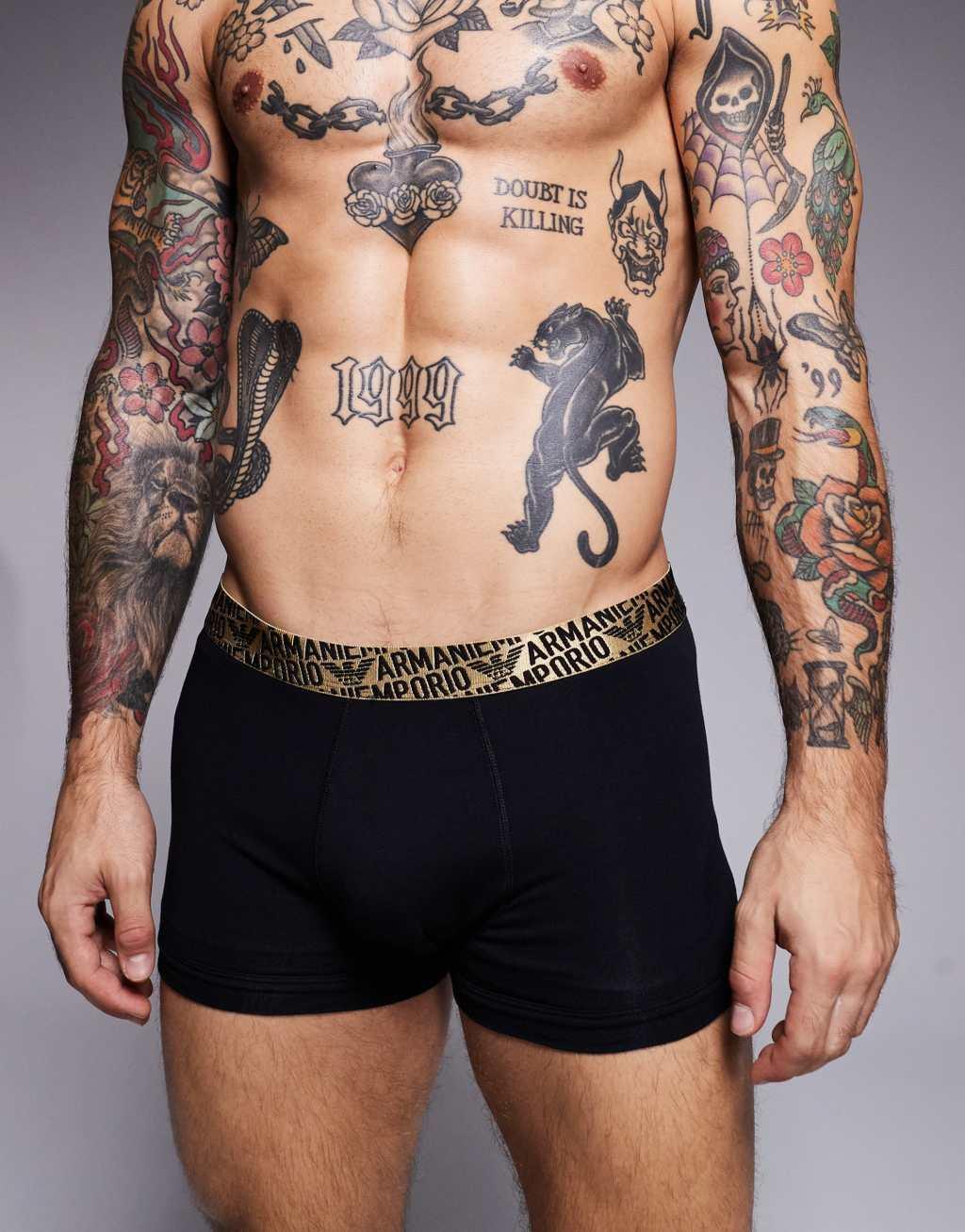 Emporio Armani bodywear 2 pack boxer briefs in black with gold logo waistband in gift box Product Image