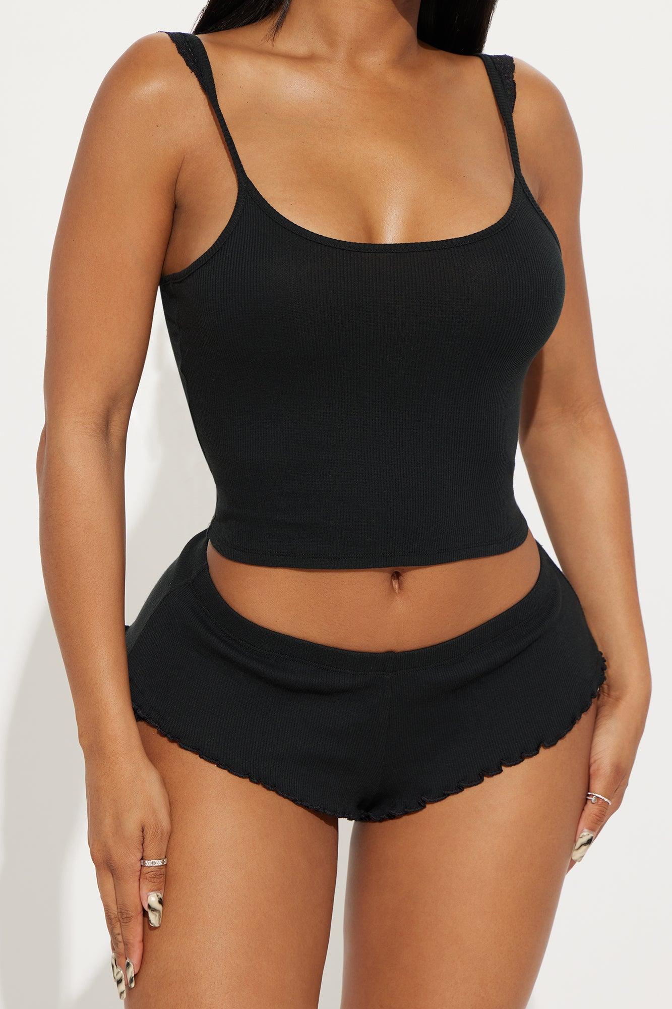 Midnight Moods Ribbed Cami Flutter PJ Short Set - Black Product Image