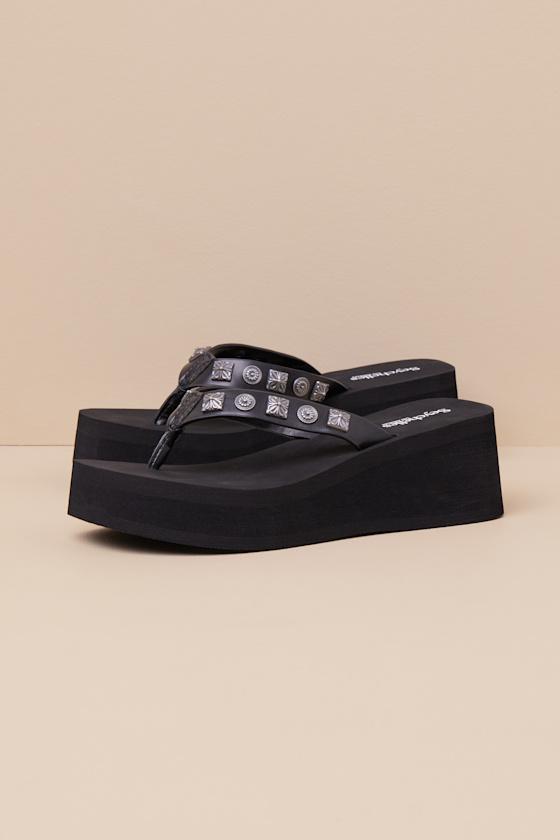Skyscraper Black Studded Platform Thong Sandals Product Image