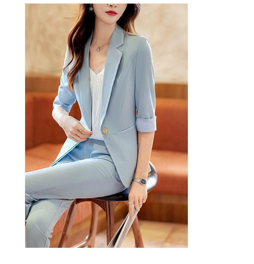 3/4-Sleeve Plain One-Buttoned Blazer / Crop Tapered Dress Pants Product Image